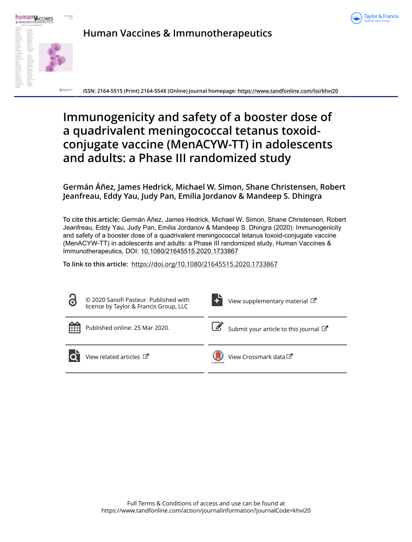 Full article: Immunogenicity and safety of an investigational quadrivalent  meningococcal conjugate vaccine administered as a booster dose in children  vaccinated against meningococcal disease 3 years earlier as toddlers: A  Phase III, open-label