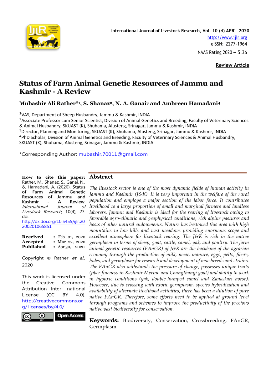 PDF) Status of Farm Animal Genetic Resources of Jammu and Kashmir: A Review
