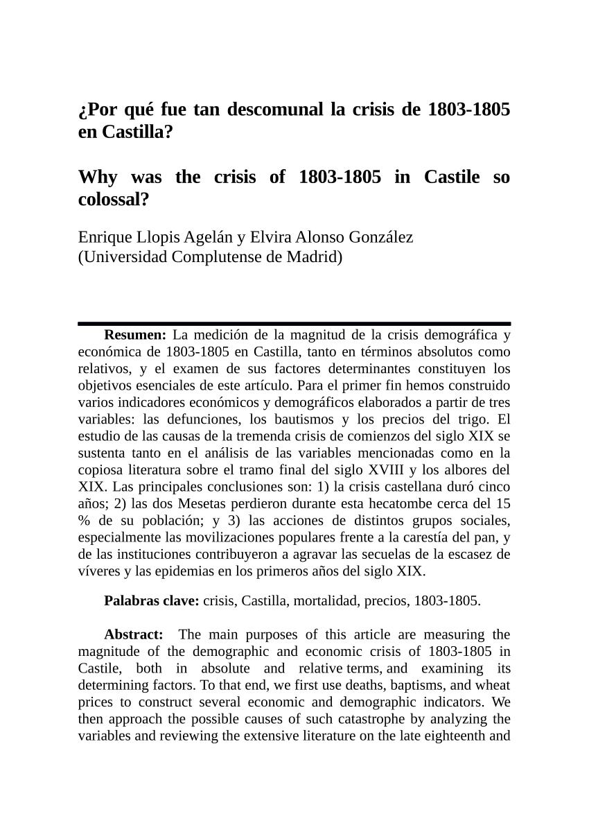 Pdf ¿por Qué Fue Tan Descomunal La Crisis De 1803 1805 En Castilla 