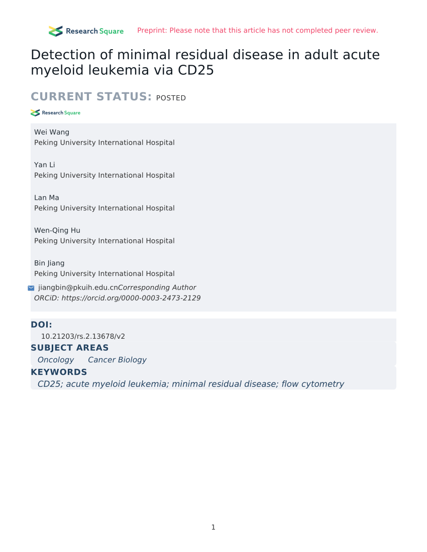 Pdf Detection Of Minimal Residual Disease In Adult Acute Myeloid Leukemia Via Cd25