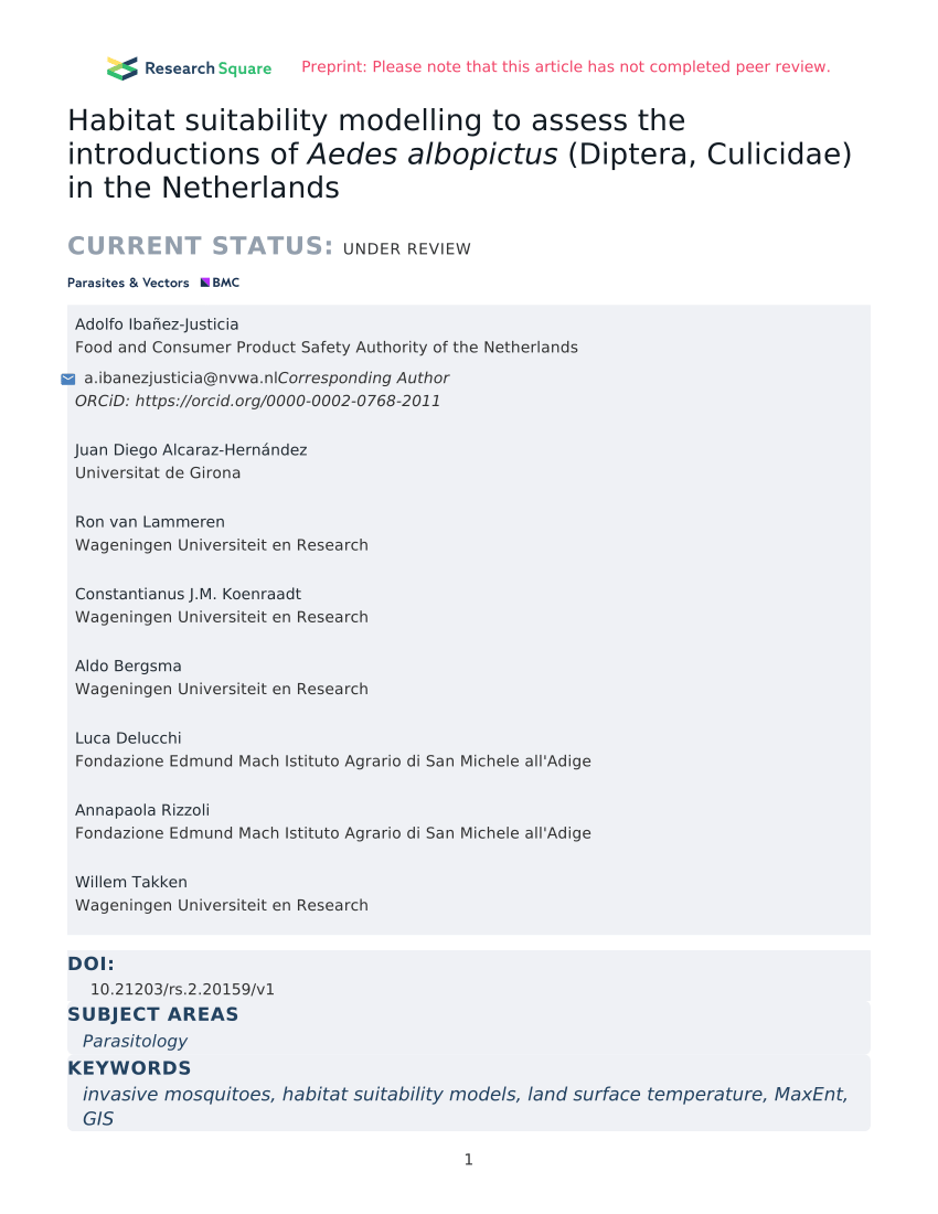 Pdf Habitat Suitability Modelling To Assess The Introductions Of Aedes Albopictus Diptera Culicidae In The Netherlands