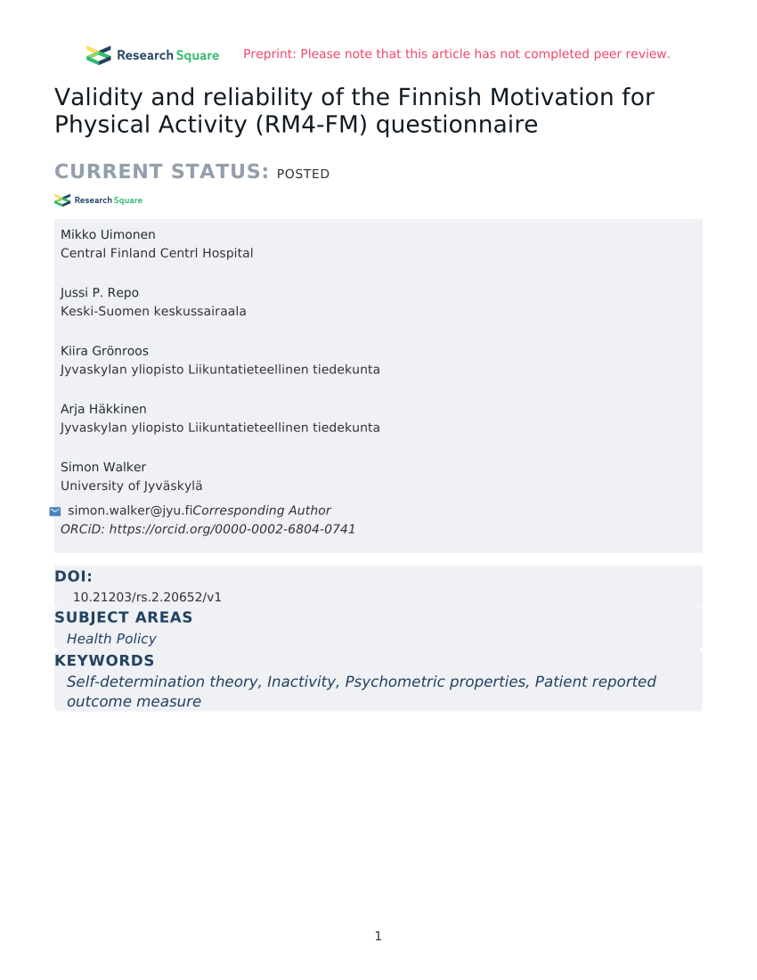 Pdf Validity And Reliability Of The Finnish Motivation For Physical Activity Rm4 Fm Questionnaire