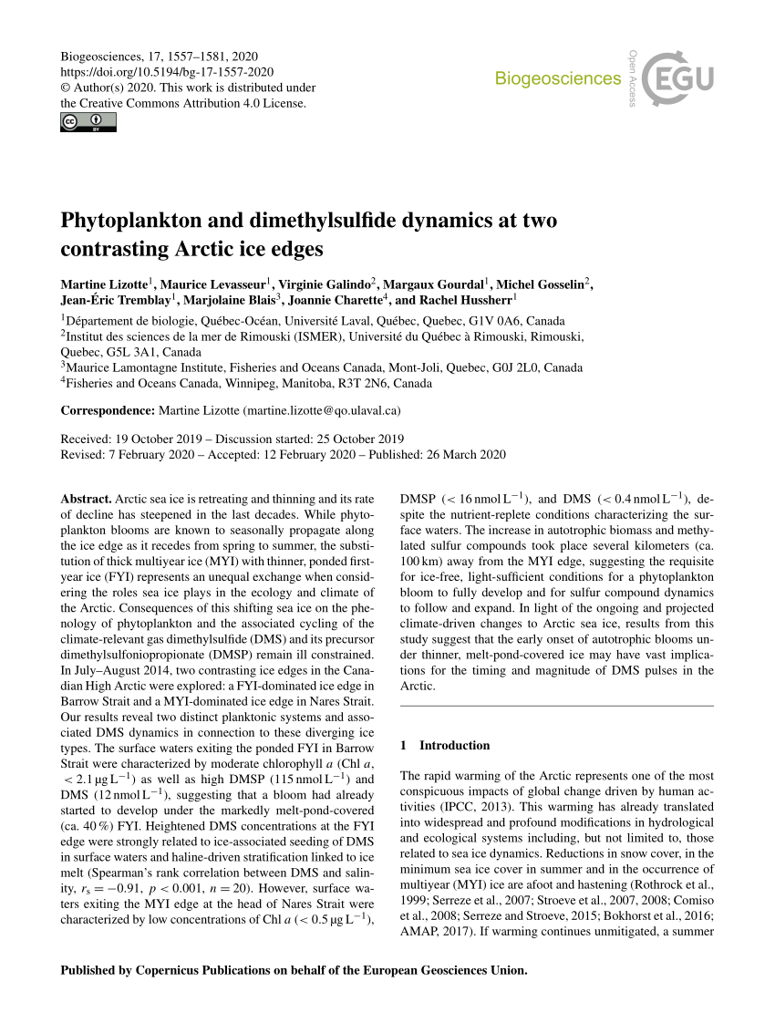 Pdf Phytoplankton And Dimethylsulfide Dynamics At Two Contrasting Arctic Ice Edges