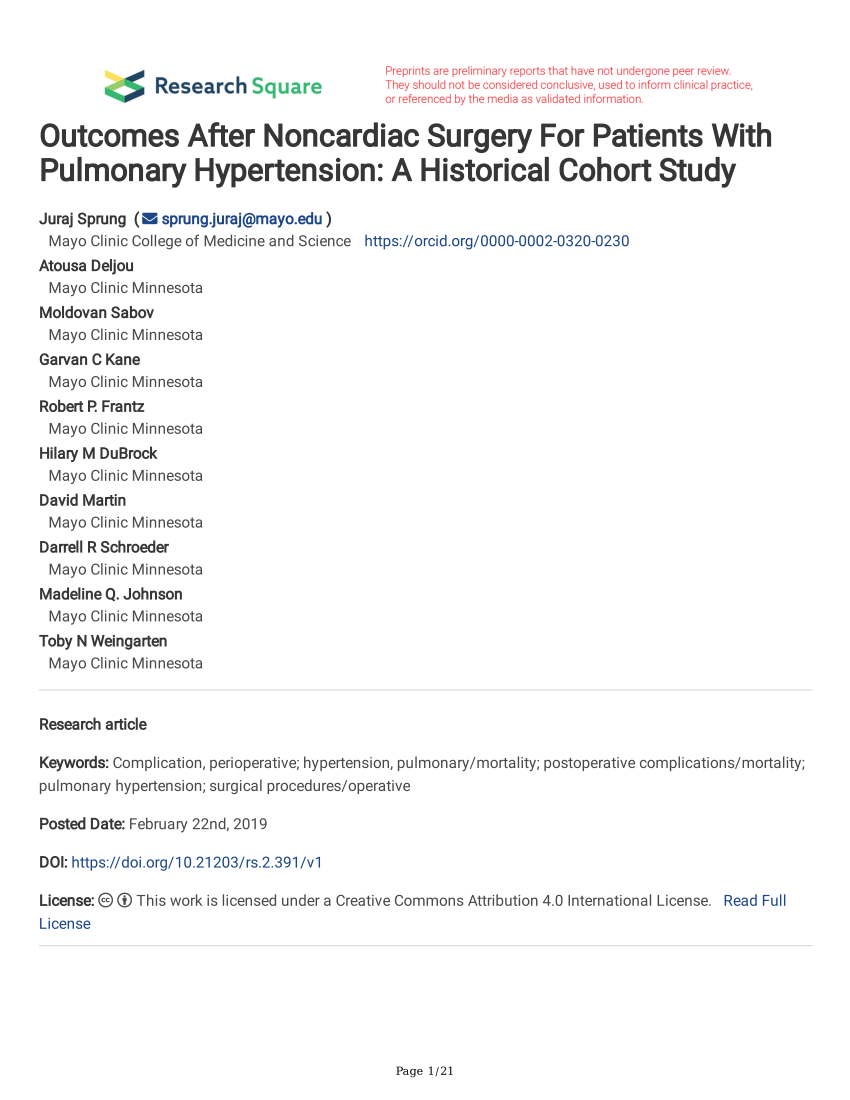 Pdf Outcomes After Noncardiac Surgery For Patients With Pulmonary Hypertension A Historical