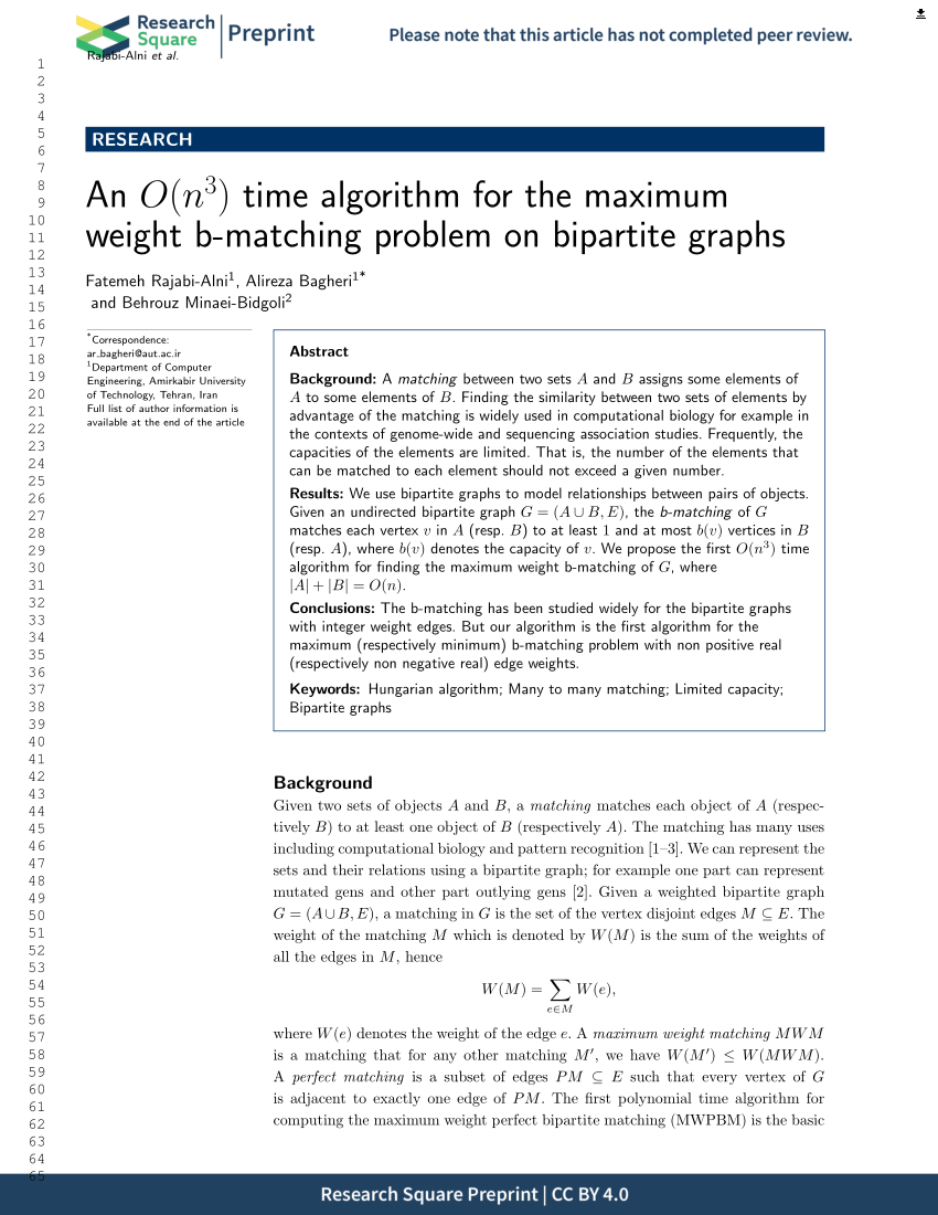 Pdf An O N 3 Time Algorithm For The Maximum Weight B Matching Problem On Bipartite Graphs