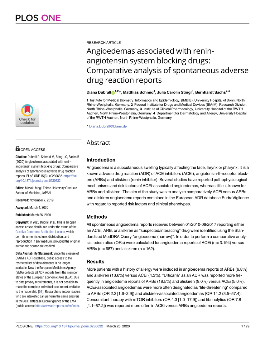 Pdf Angioedemas Associated With Renin Angiotensin System Blocking Drugs Comparative Analysis Of Spontaneous Adverse Drug Reaction Reports