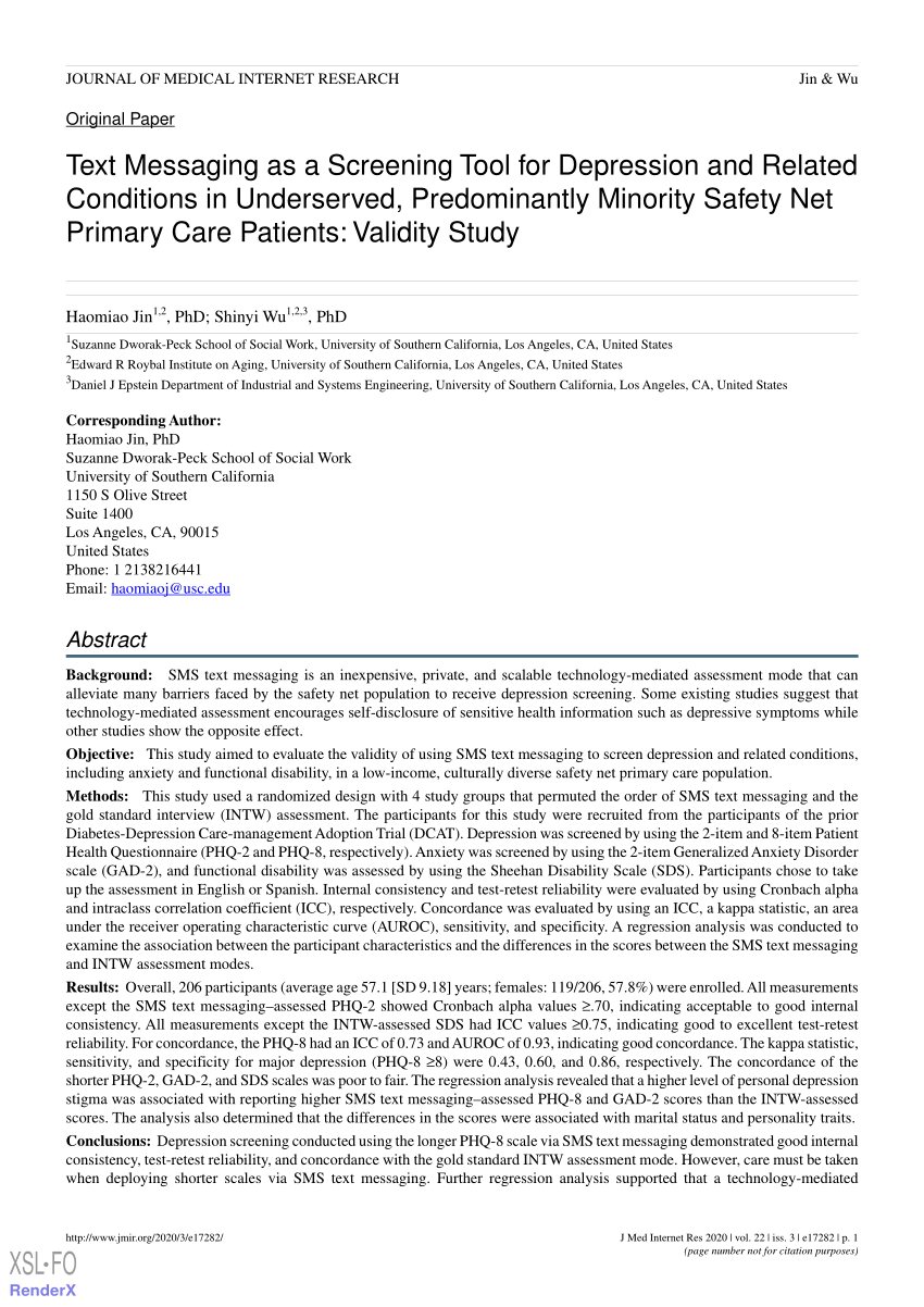 Pdf Text Messaging As A Screening Tool For Depression And Related Conditions In Underserved Predominantly Minority Safety Net Primary Care Patients Validity Study