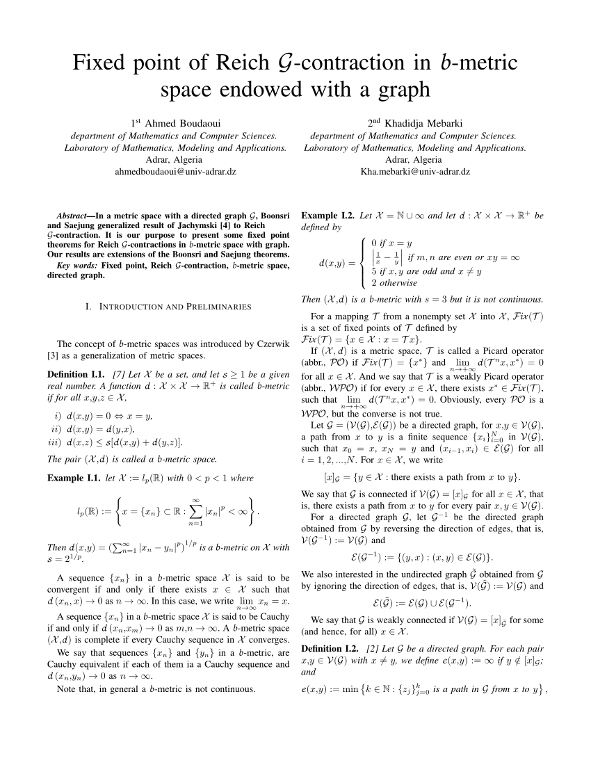 Pdf Fixed Point Of Reich G Contraction In B Metric Space Endowed With A Graph