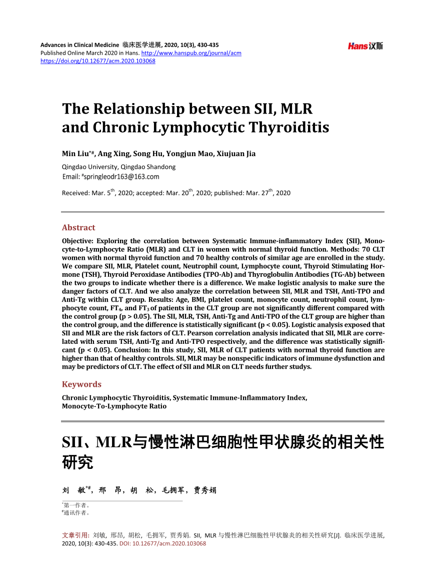 Pdf The Relationship Between Sii Mlr And Chronic Lymphocytic Thyroiditis