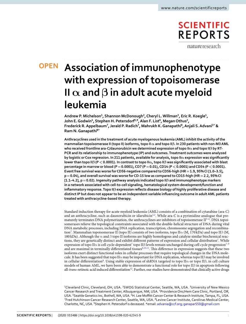 Pdf Association Of Immunophenotype With Expression Of Topoisomerase Ii A And B In Adult Acute Myeloid Leukemia