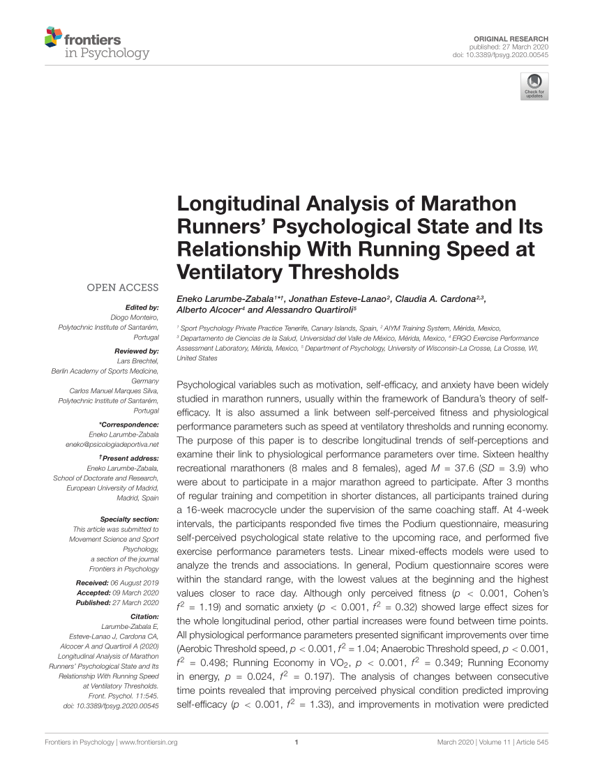 Pdf Longitudinal Analysis Of Marathon Runners Psychological State And Its Relationship With Running Speed At Ventilatory Thresholds