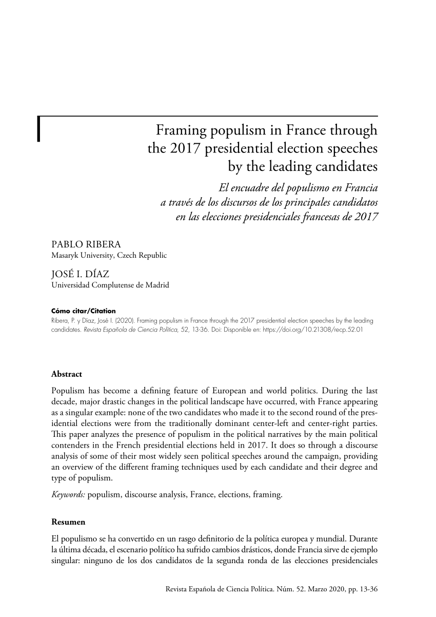 Pdf Framing Populism In France Through The 17 Presidential Election Speeches By The Leading Candidates