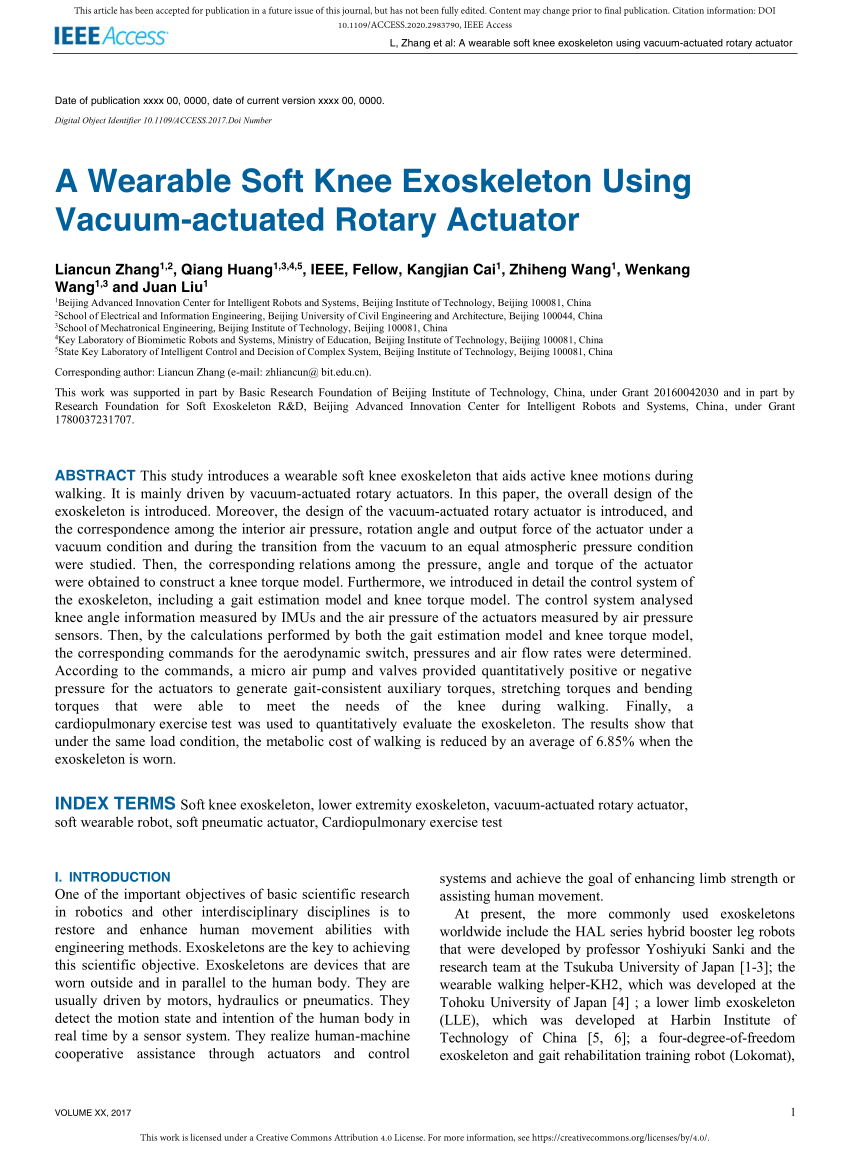 Pdf A Wearable Soft Knee Exoskeleton Using Vacuum Actuated Rotary