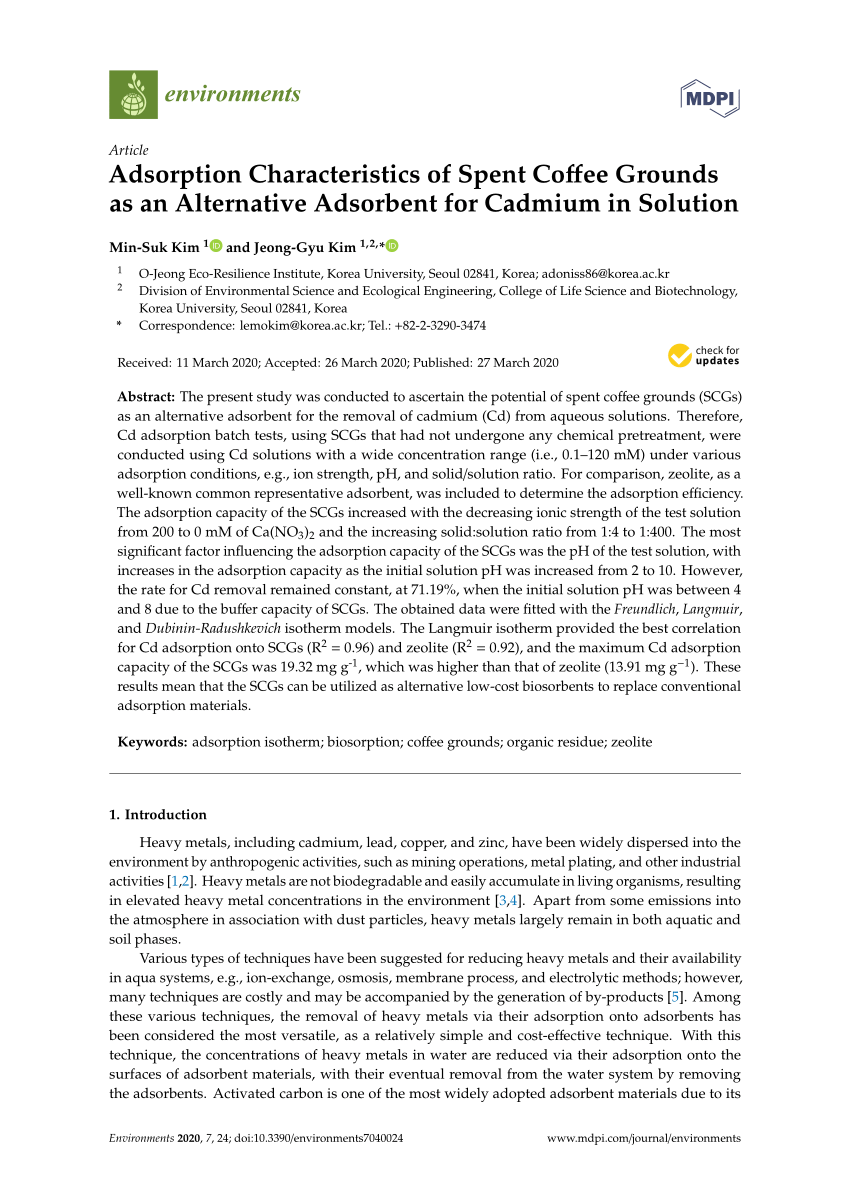 Pdf Adsorption Characteristics Of Spent Coffee Grounds As An Alternative Adsorbent For Cadmium In Solution