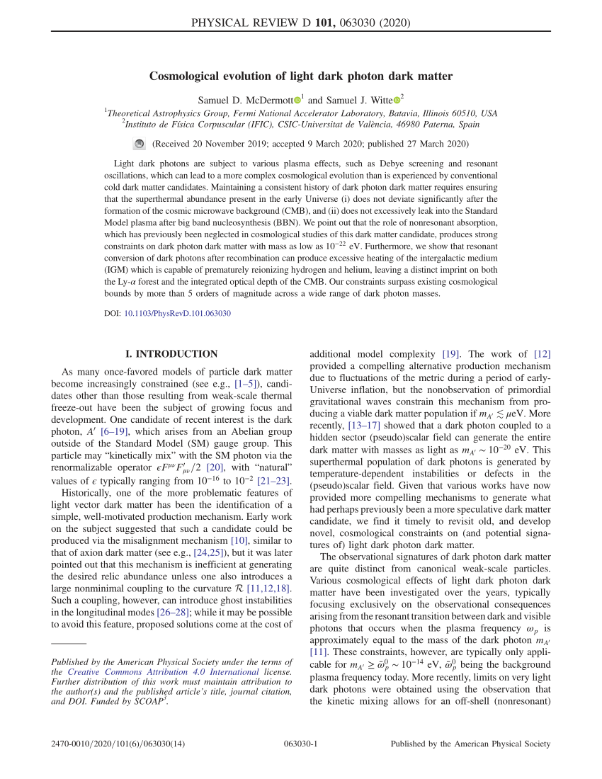 Pdf Cosmological Evolution Of Light Dark Photon Dark Matter 7188