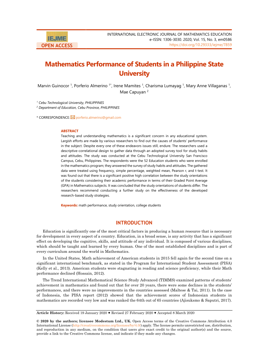 research study about mathematics in the philippines