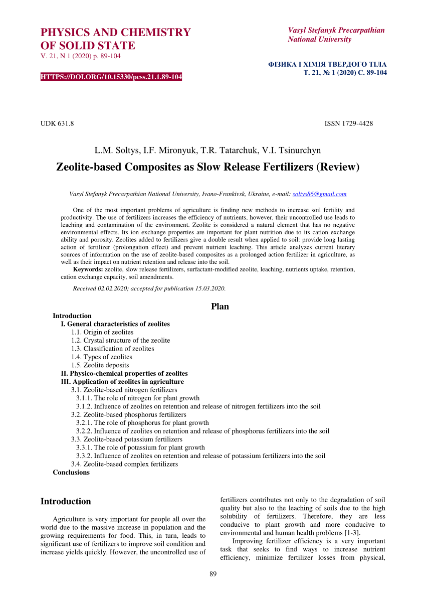 Pdf Zeolite Based Composites As Slow Release Fertilizers Review