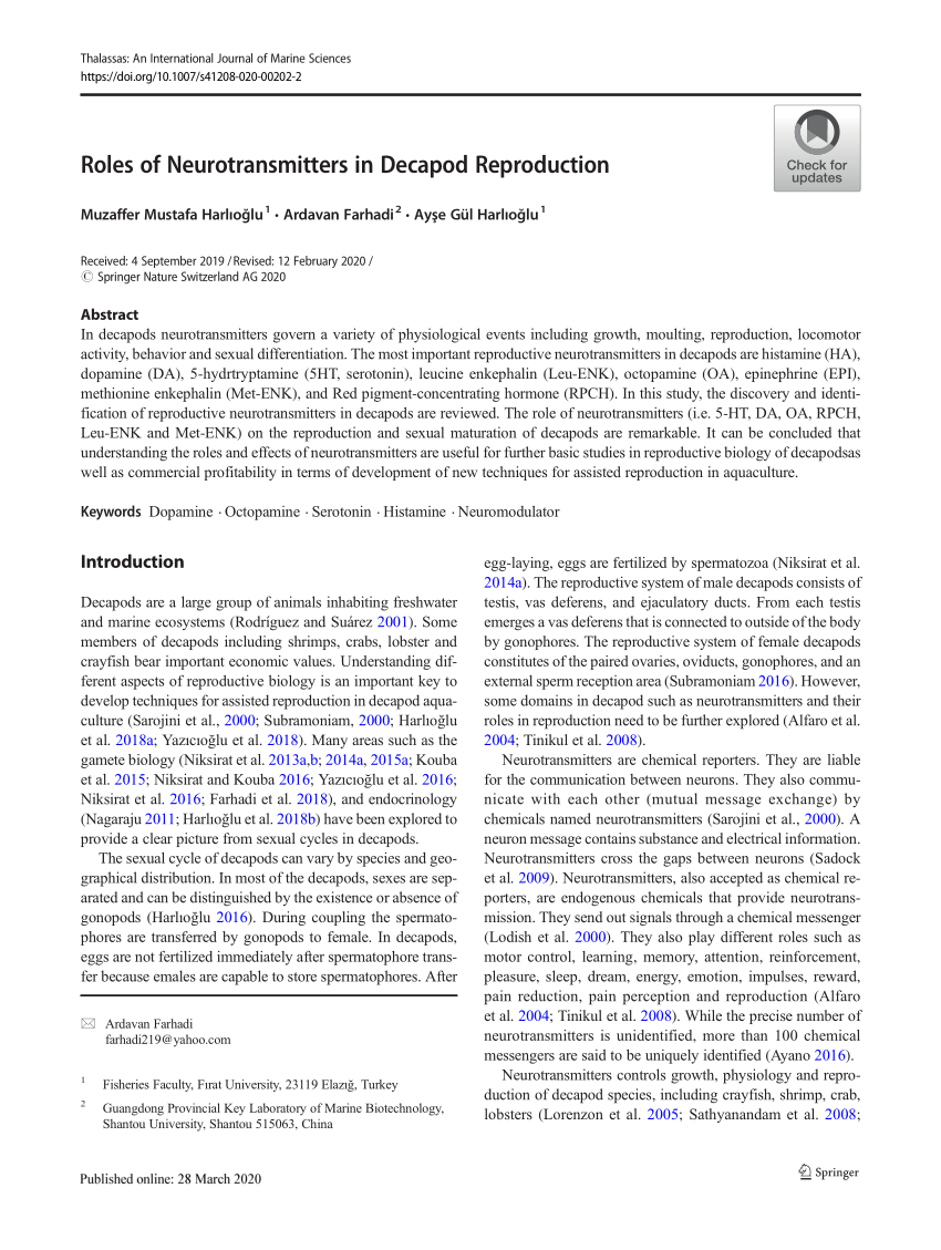 PDF) Roles of Neurotransmitters in Decapod Reproduction