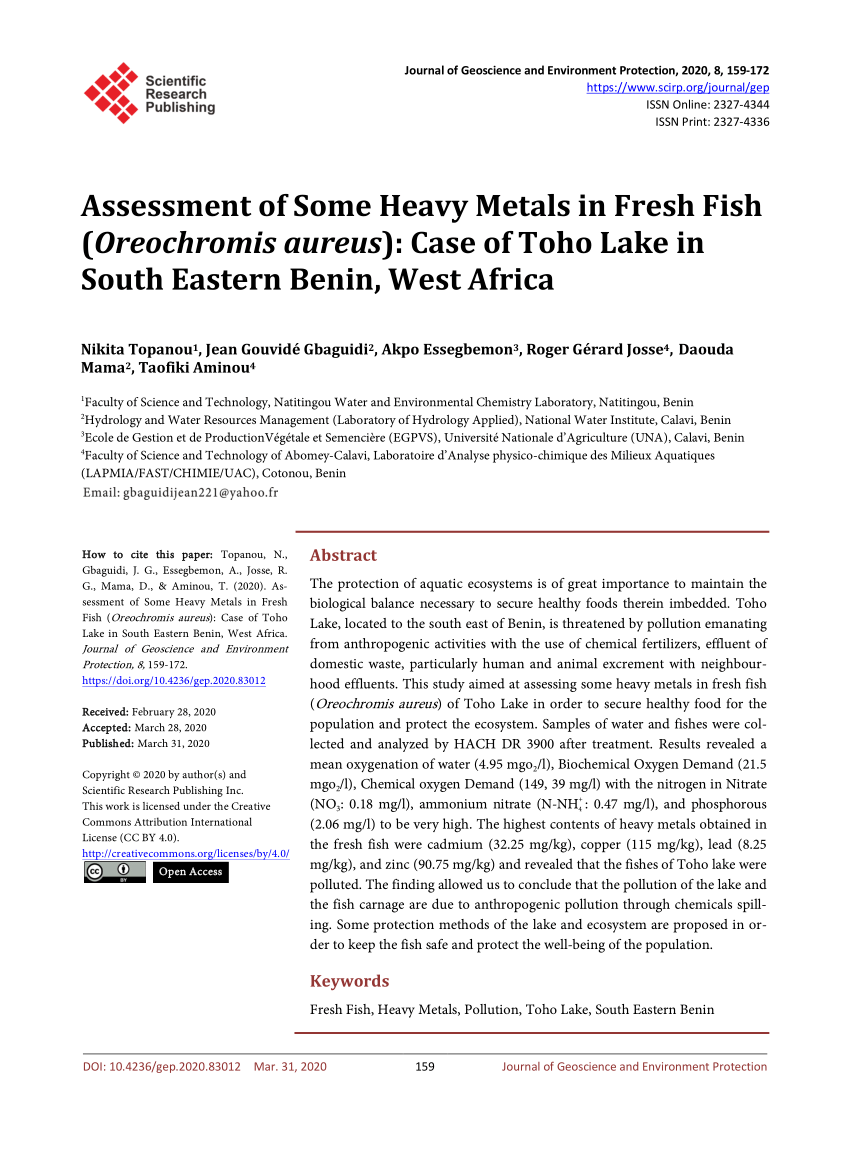 Pdf Assessment Of Some Heavy Metals In Fresh Fish Oreochromis Aureus Case Of Toho Lake In South Eastern Benin West Africa