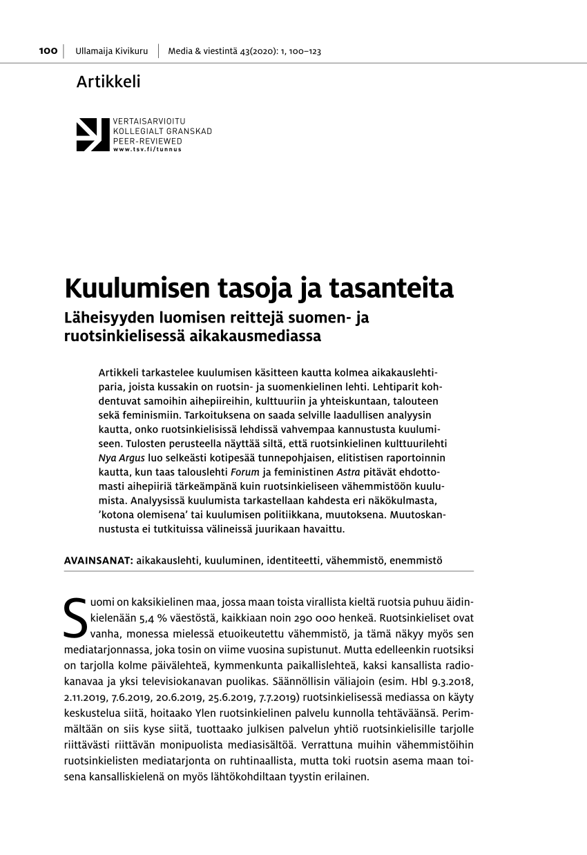 PDF) Kuulumisen tasoja ja tasanteita Läheisyyden luomisen reittejä suomen- ja ruotsinkielisessä aikakausmediassa