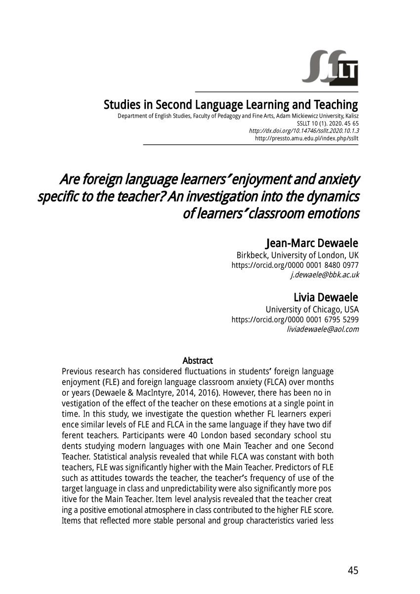 Pdf Are Foreign Language Learners Enjoyment And Anxiety Specific To The Teacher An Investigation Into The Dynamics Of Learners Classroom Emotions
