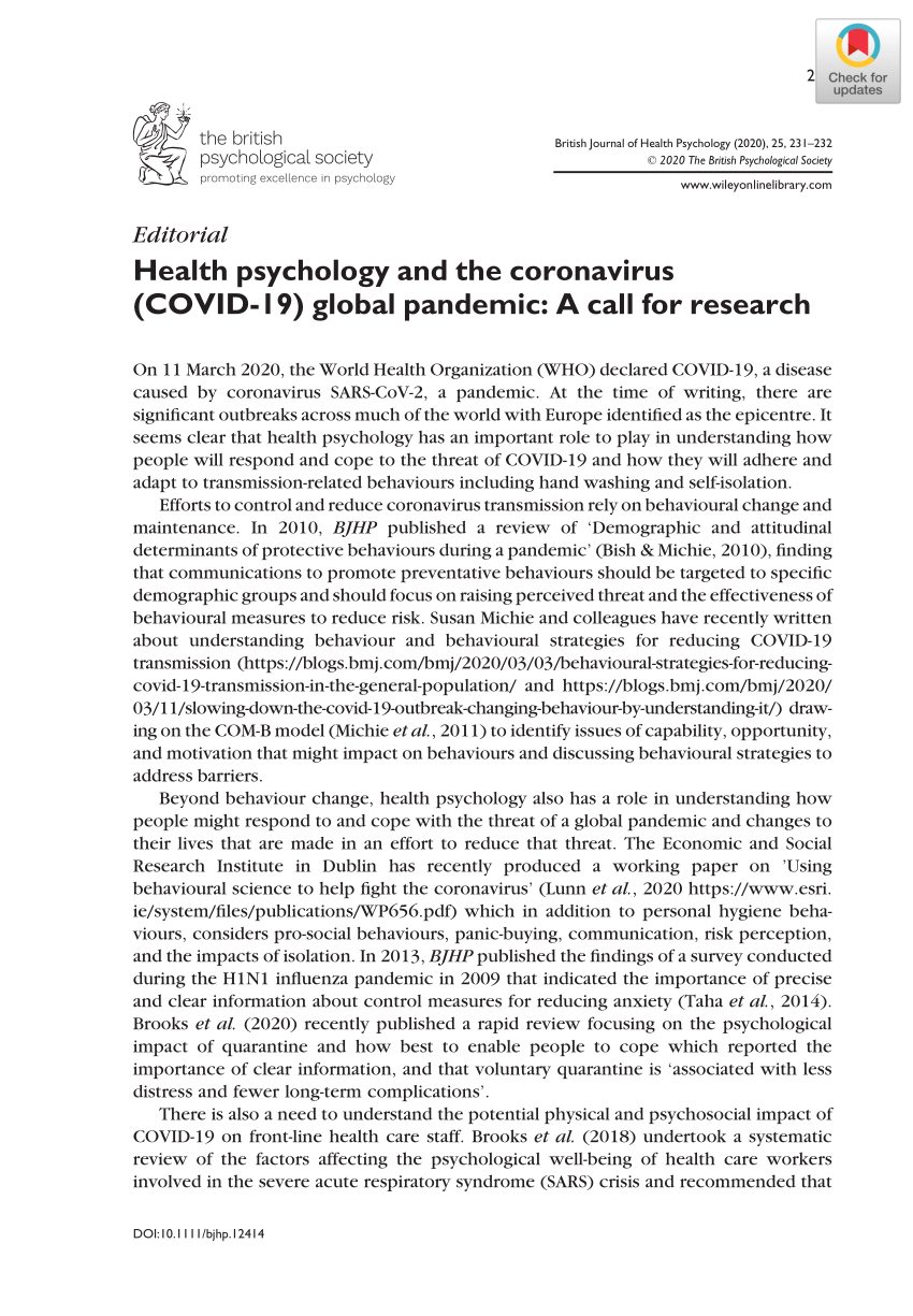 PDF) Health psychology and the coronavirus (COVID-18) global