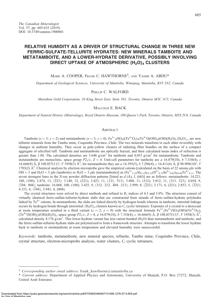 Pdf Relative Humidity As A Driver Of Structural Change In Three New Ferric Sulfate Tellurite Hydrates New Minerals Tamboite And Metatamboite And A Lower Hydrate Derivative Possibly Involving Direct Uptake Of Atmospheric H 2 O