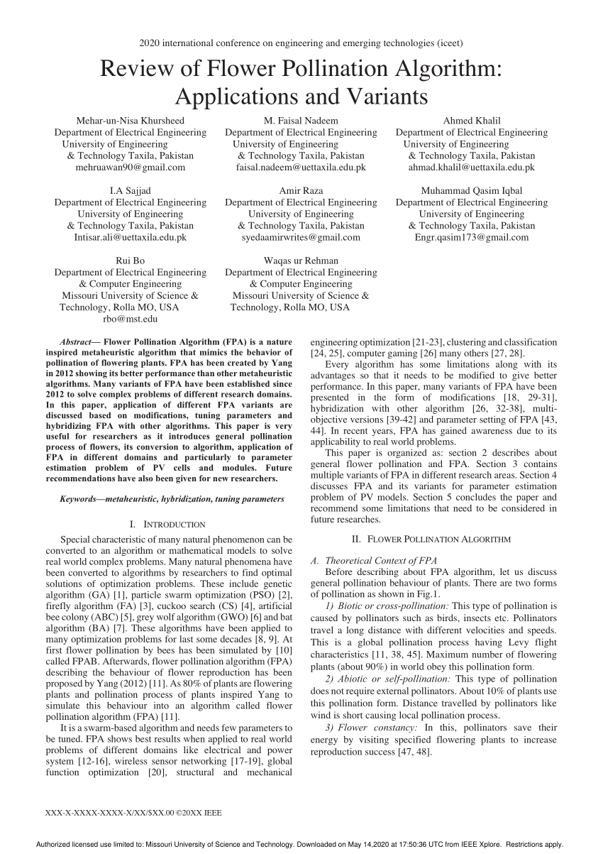 Pdf Review Of Flower Pollination Algorithm Applications And Variants