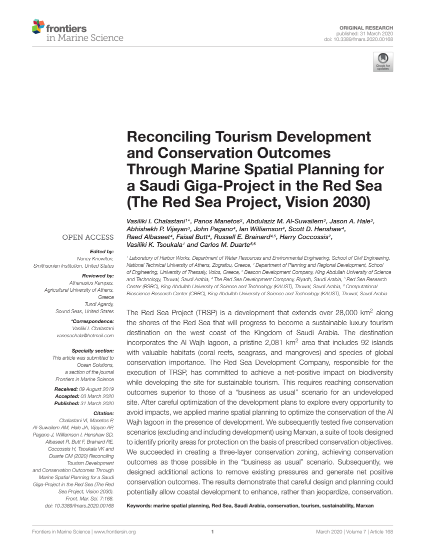 Pdf Reconciling Tourism Development And Conservation Outcomes Through Marine Spatial Planning For A Saudi Giga Project In The Red Sea The Red Sea Project Vision 30