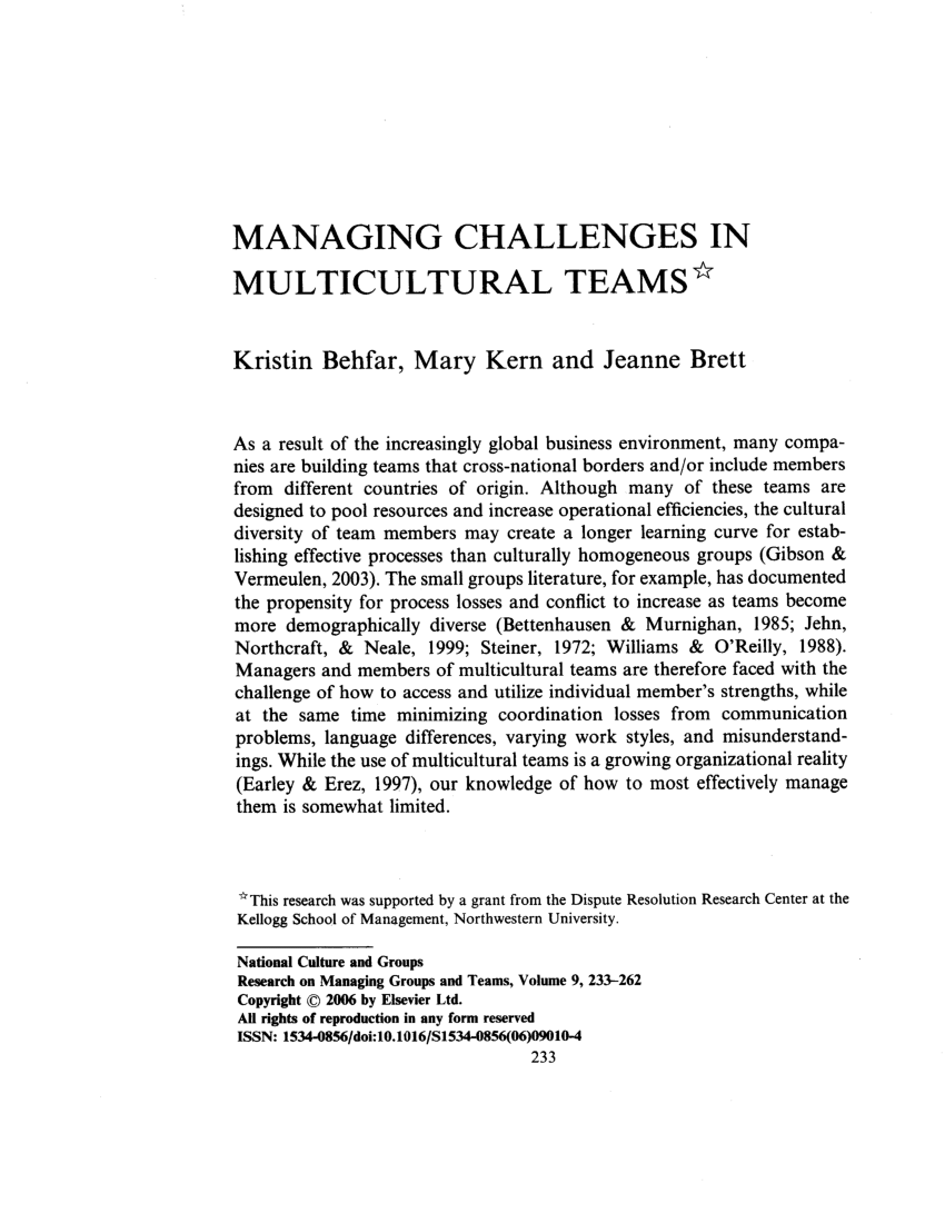 Pdf Managing Multicultural Teams 