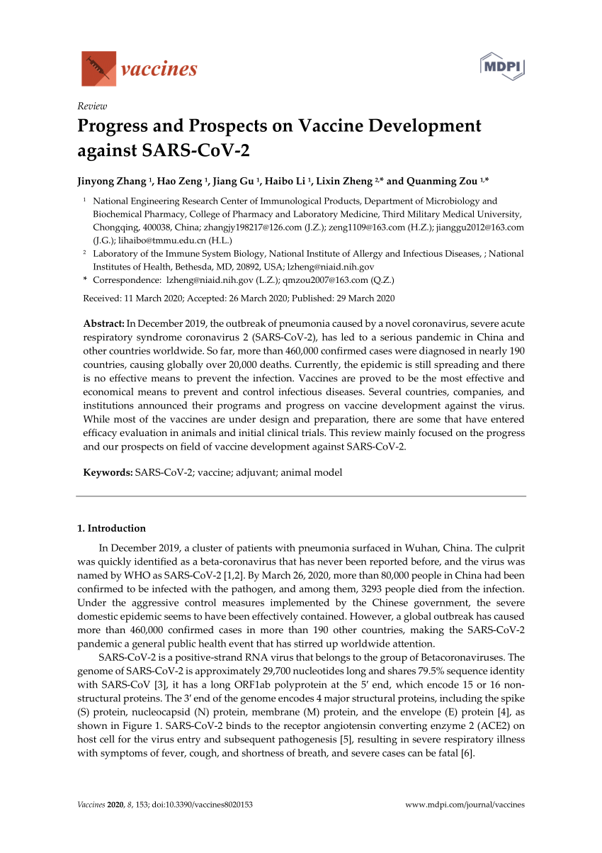 Pdf Progress And Prospects On Vaccine Development Against Sars Cov 2