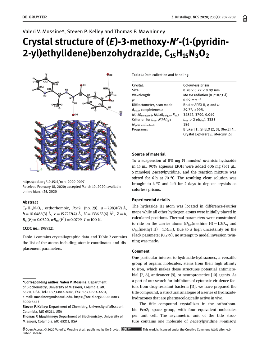 Pdf Crystal Structure Of E 3 Methoxy N 1 Pyridin 2 Yl Ethylidene Benzohydrazide C15h15n3o2