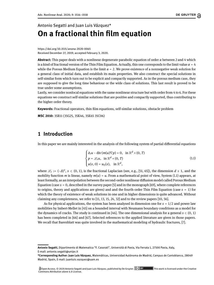 Pdf On A Fractional Thin Film Equation
