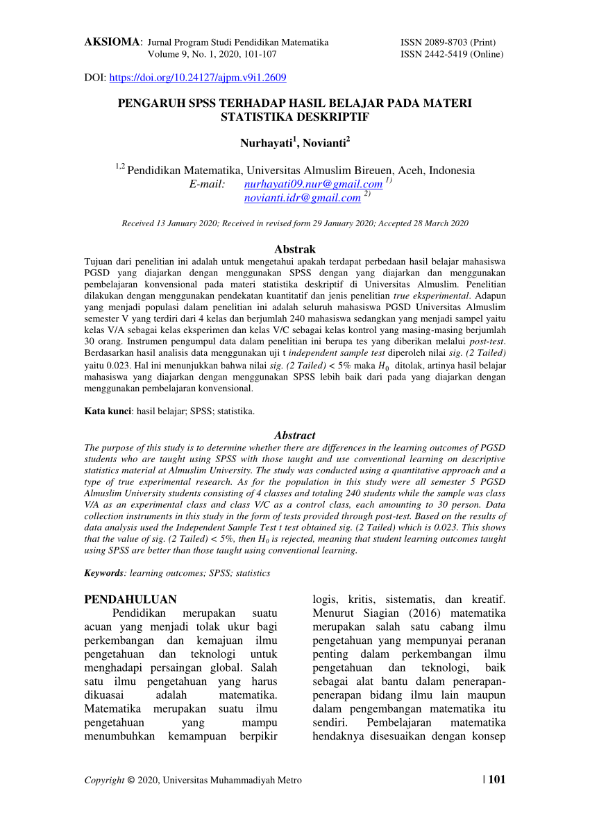 Pdf Pengaruh Spss Terhadap Hasil Belajar Pada Materi Statistika Deskriptif