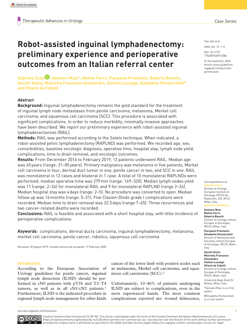 Pdf Robot Assisted Inguinal Lymphadenectomy Preliminary Experience And Perioperative Outcomes 