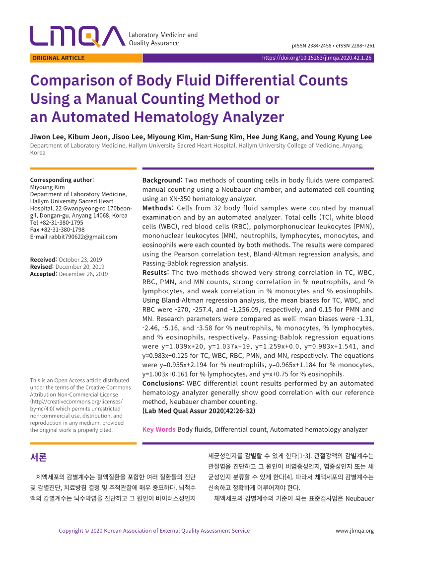 (PDF) Comparison of Body Fluid Differential Counts Using a Manual