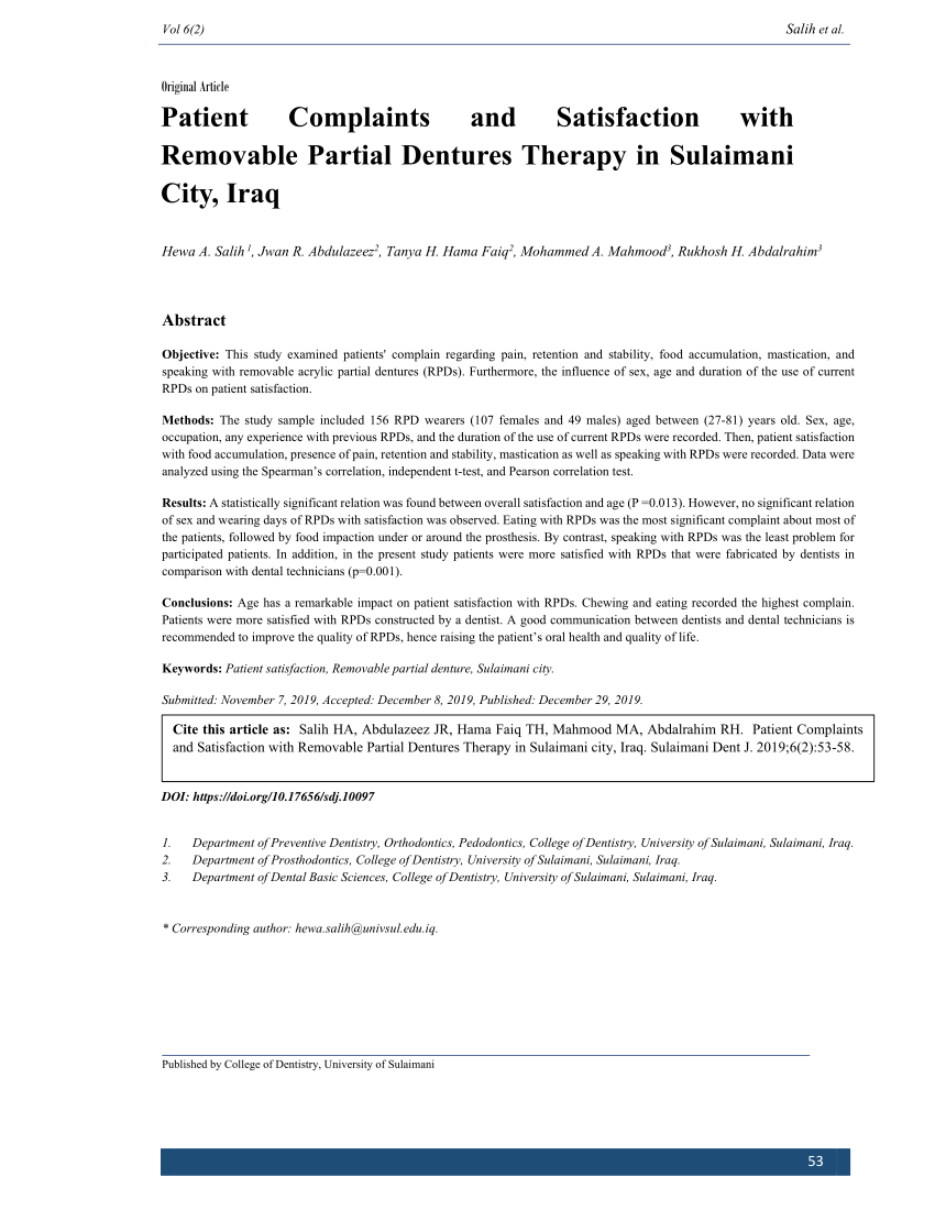 PDF) Patient and Satisfaction with Removable Partial Therapy Sulaimani City, Iraq