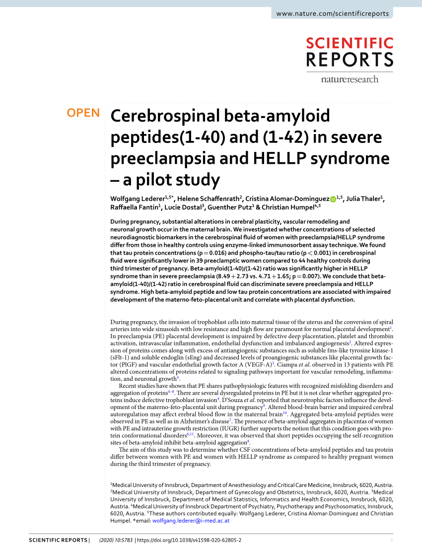Pdf Cerebrospinal Beta Amyloid Peptides 1 40 And 1 42 In Severe Preeclampsia And Hellp Syndrome A Pilot Study