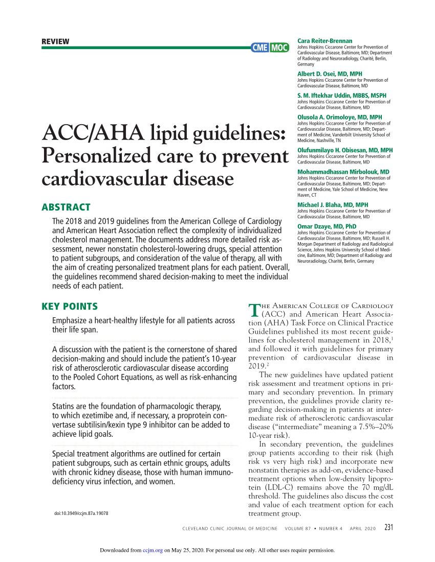 (PDF) ACC/AHA lipid guidelines Personalized care to prevent