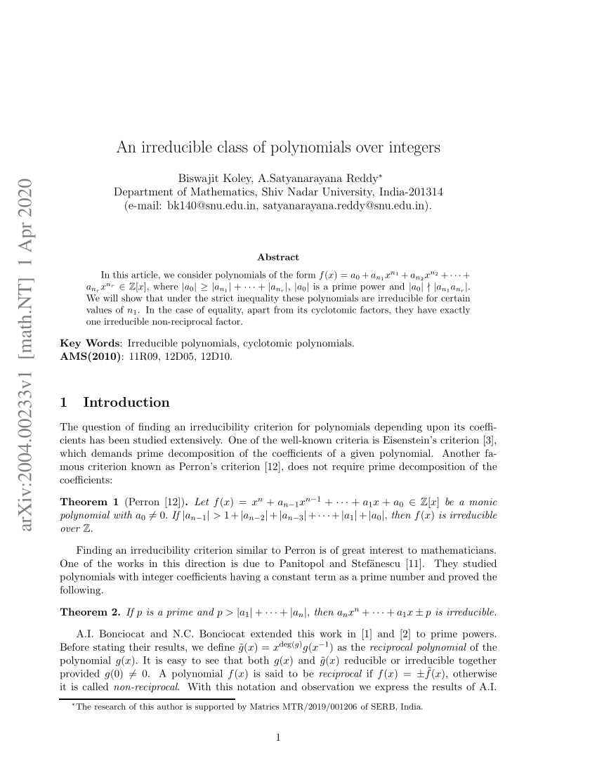 Pdf An Irreducible Class Of Polynomials Over Integers