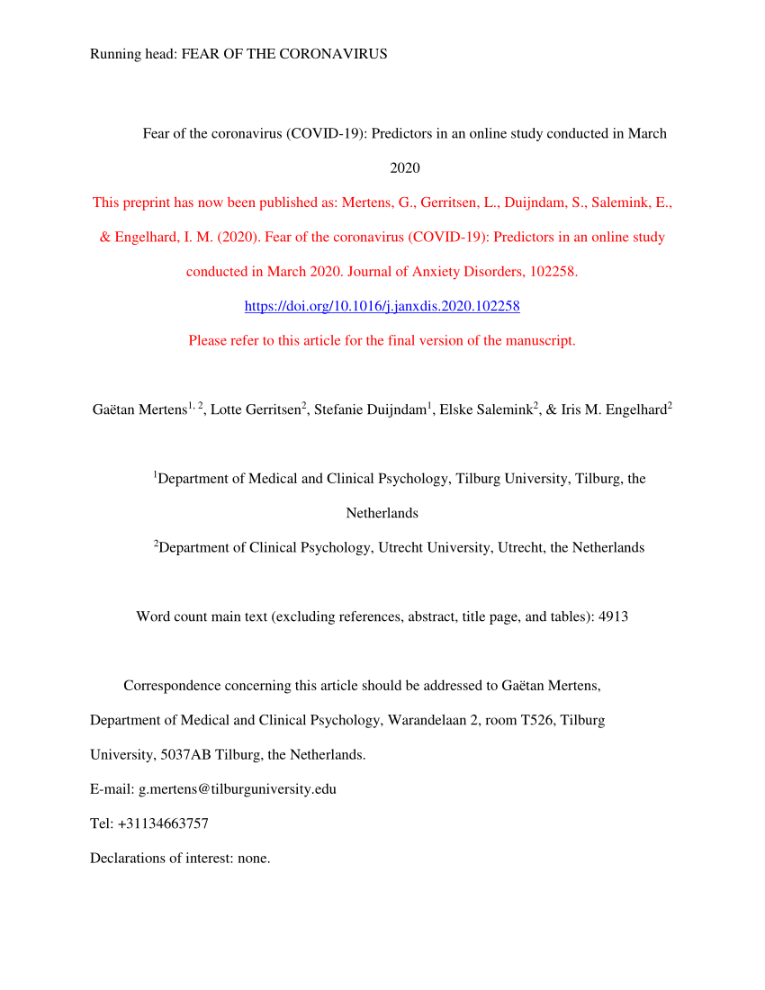 PDF) Anxiety and fear related to coronavirus disease 2019