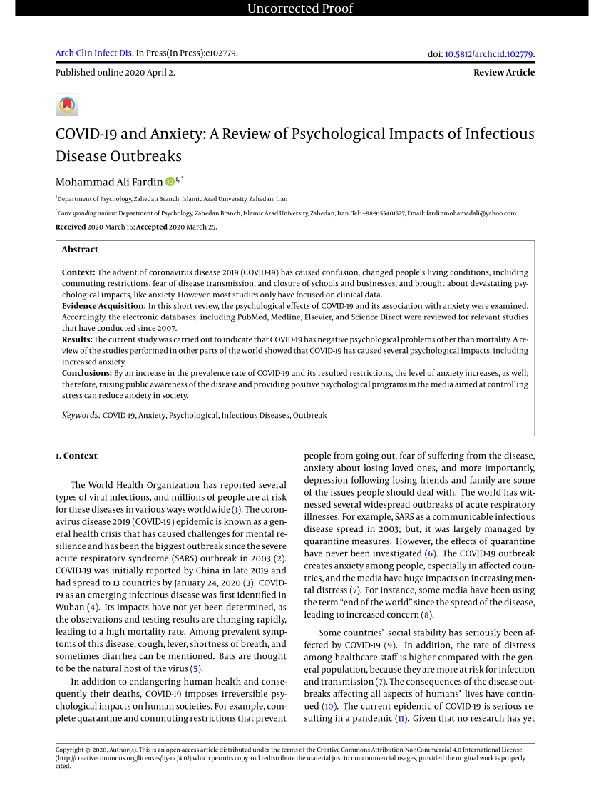 Pdf Covid 19 And Anxiety A Review Of Psychological Impacts Of