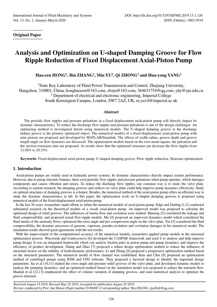 Pdf Analysis And Optimization On U Shaped Damping Groove For Flow Ripple Reduction Of Fixed Displacement Axial Piston Pump