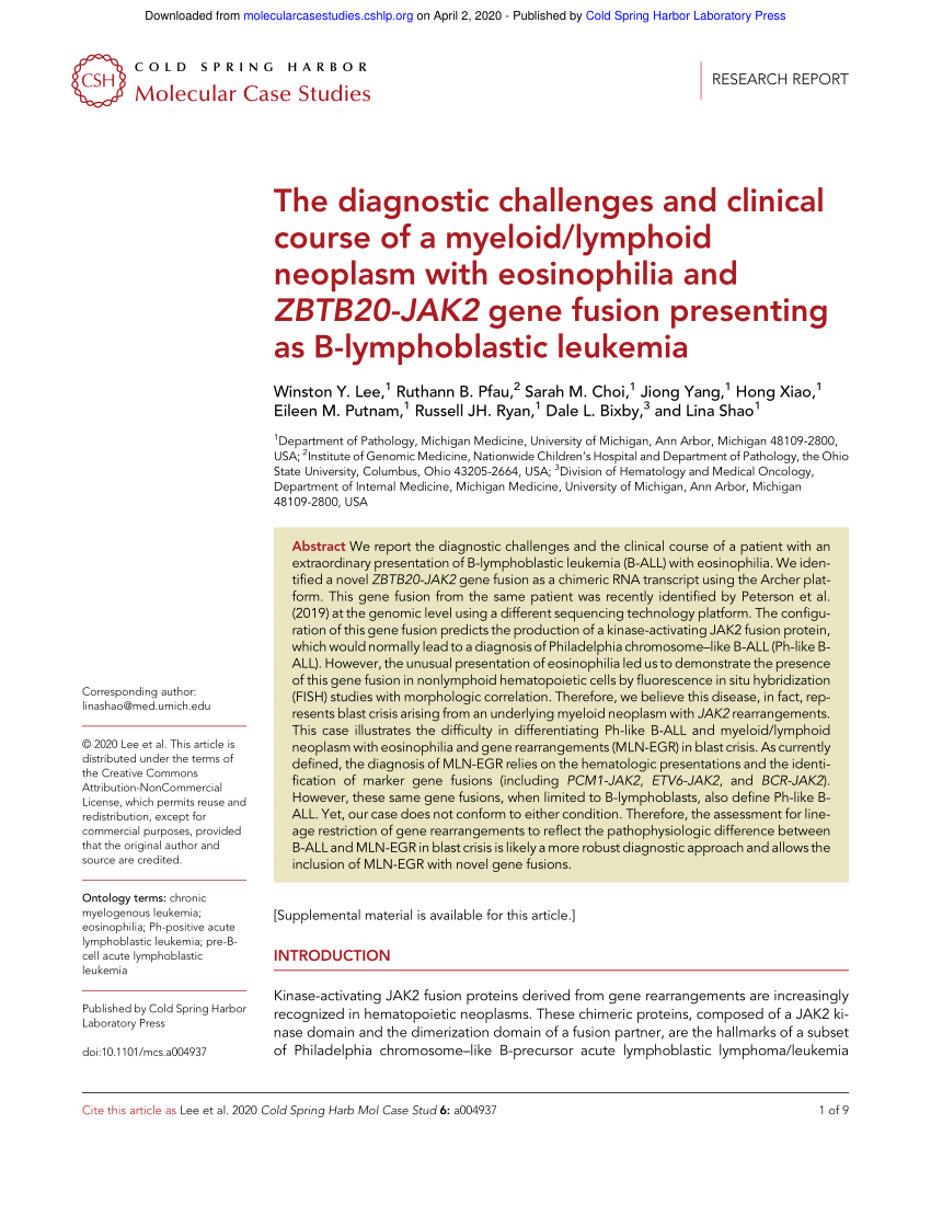 Pdf The Diagnostic Challenges And Clinical Course Of A Myeloidlymphoid Neoplasm With 