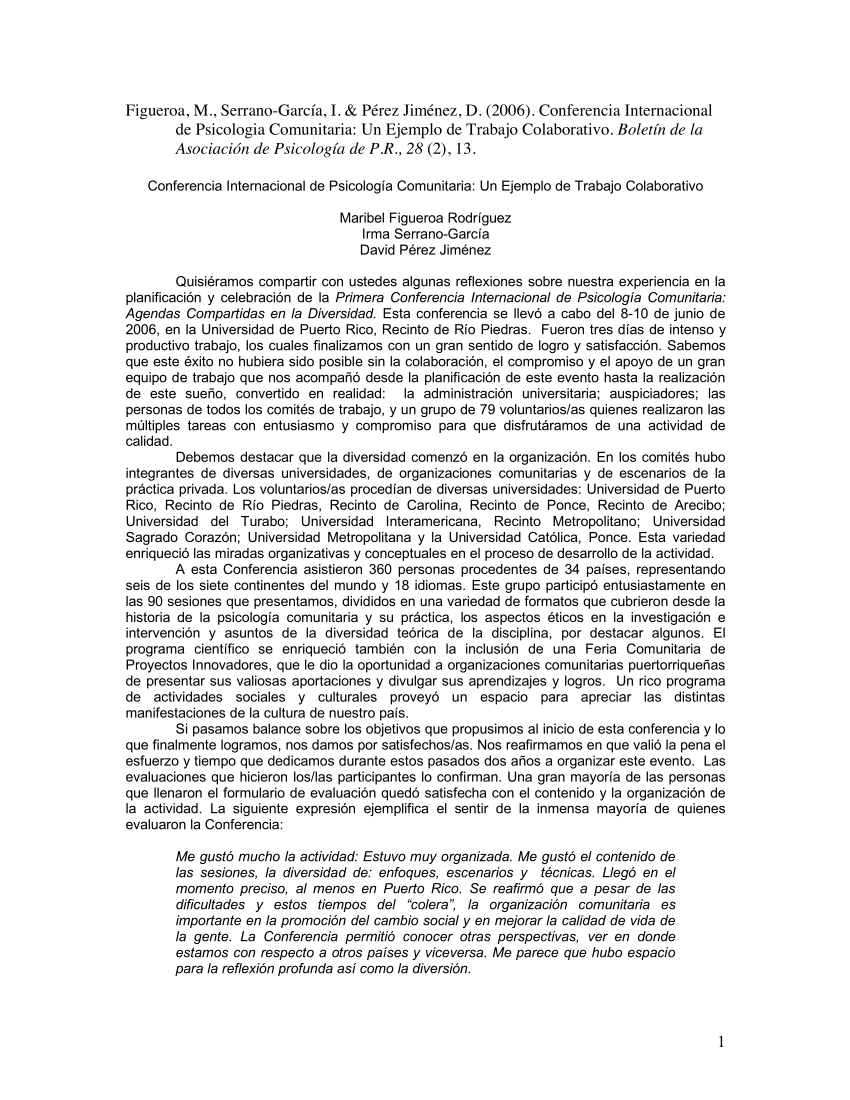 (PDF) Conferencia internacional de psicología comunitaria: Un esfuerzo ...