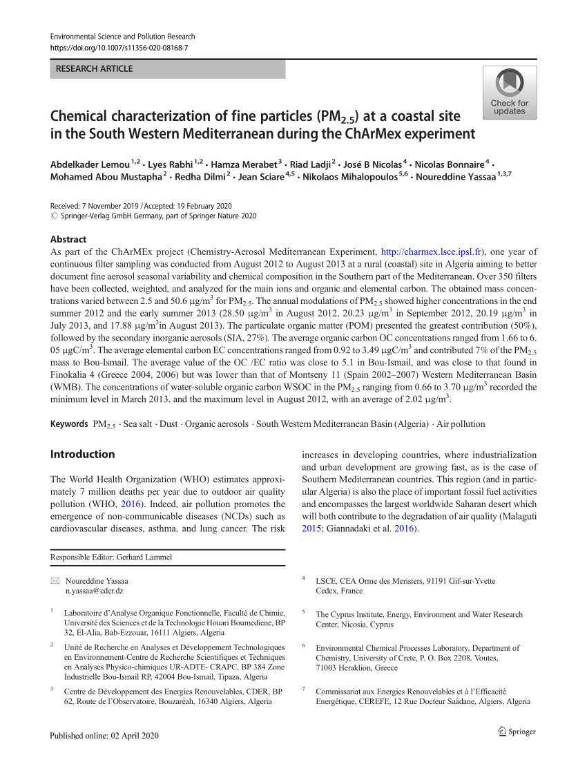 Pdf Chemical Characterization Of Fine Particles Pm2 5 At A Coastal Site In The South Western Mediterranean During The Charmex Experiment