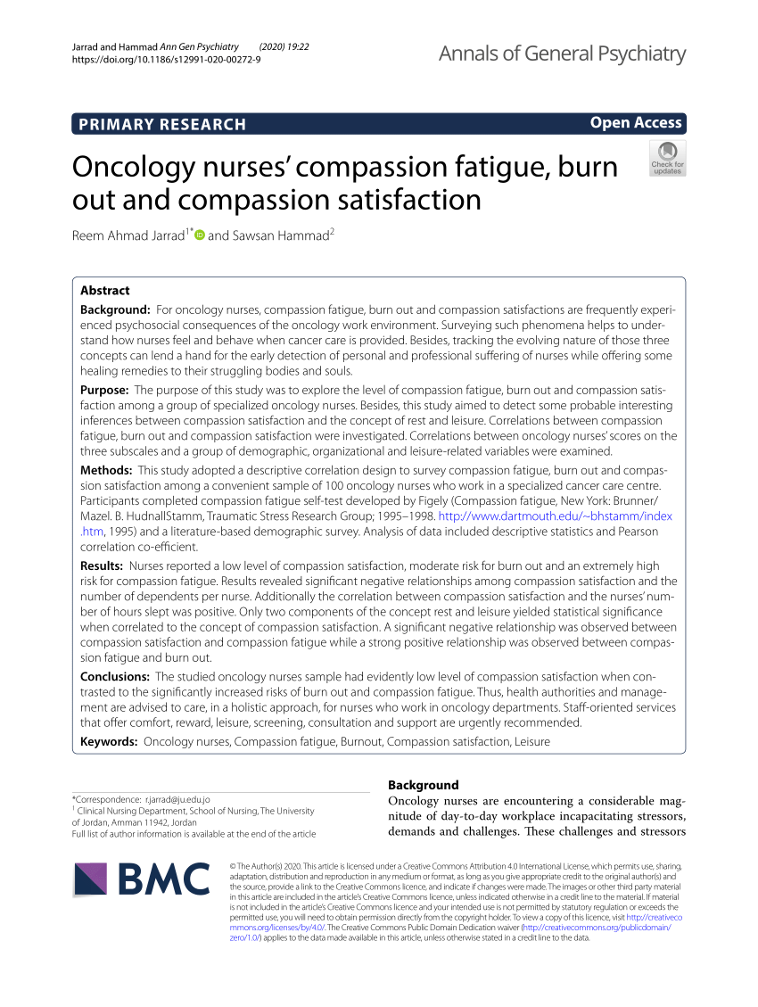 PDF) Oncology nurses' compassion fatigue, burn out and compassion