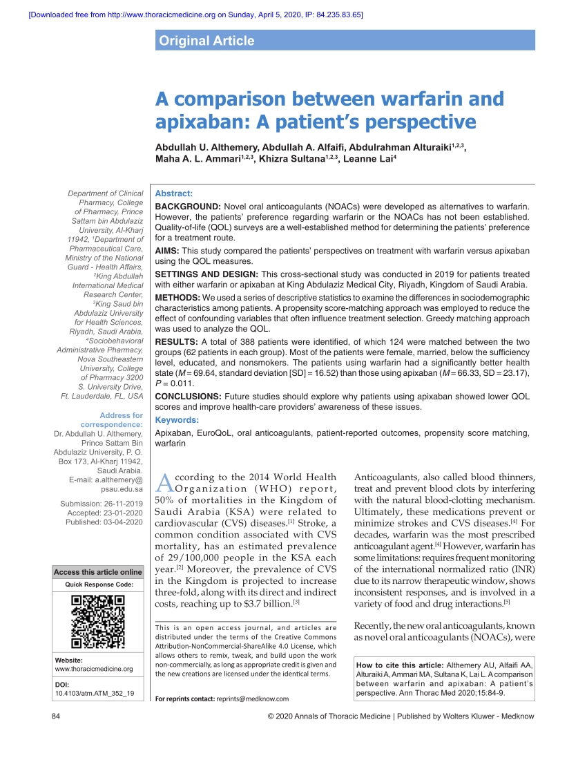 Pdf A Comparison Between Warfarin And Apixaban A Patient S Perspective