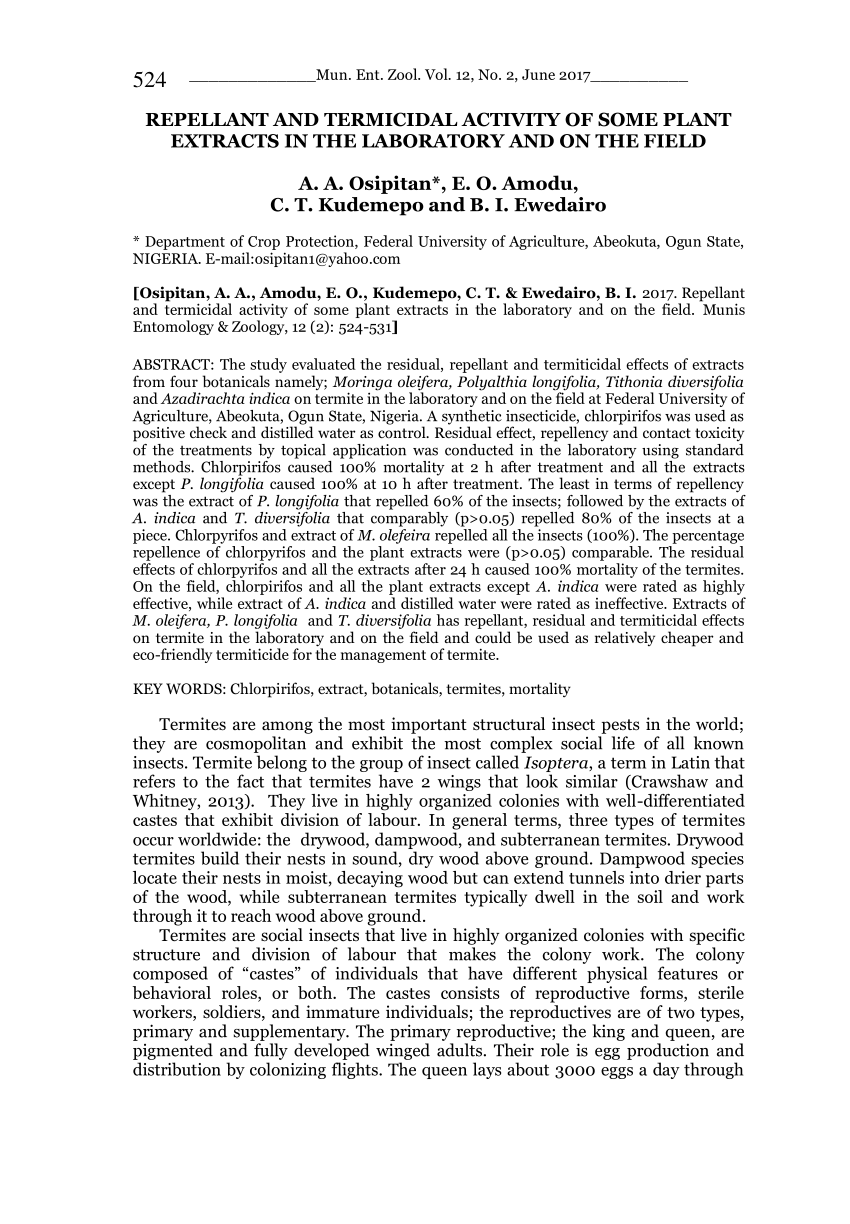 (PDF) REPELLANT AND TERMICIDAL ACTIVITY OF SOME PLANT EXTRACTS IN THE