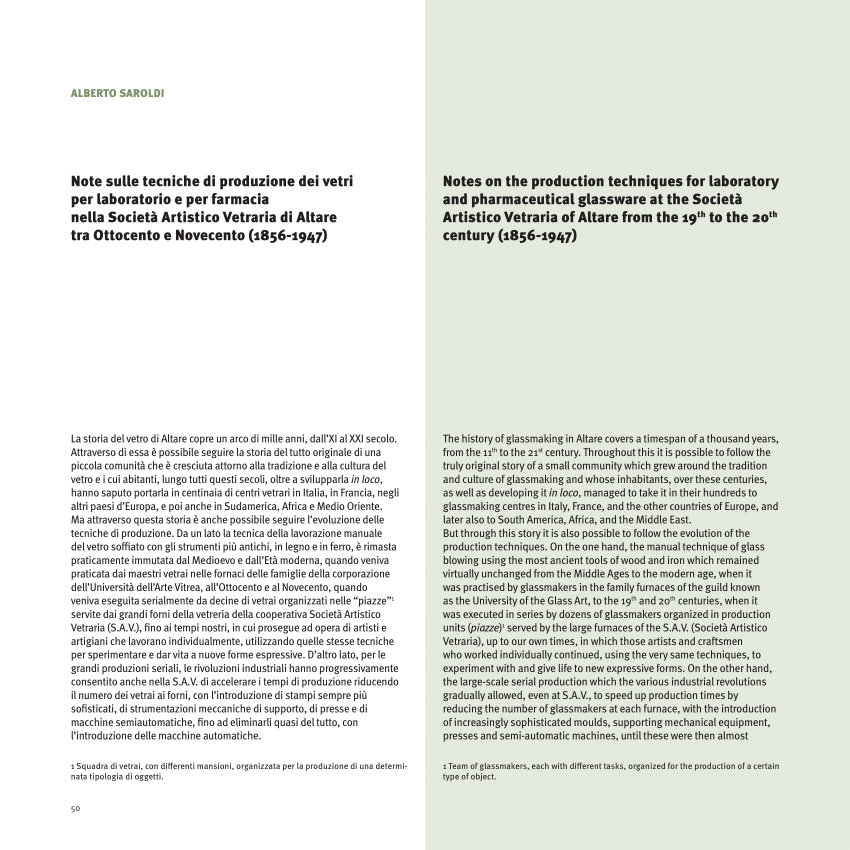 Produttori Di Vetro Artistico.Pdf Note Sulle Tecniche Di Produzione Dei Vetri Per Laboratorio E Per Farmacia Nella S A V Di Altare Tra Ottocento E Novecento 1856 1947 Notes On The Production Techniques For Laboratory And Pharmaceutical